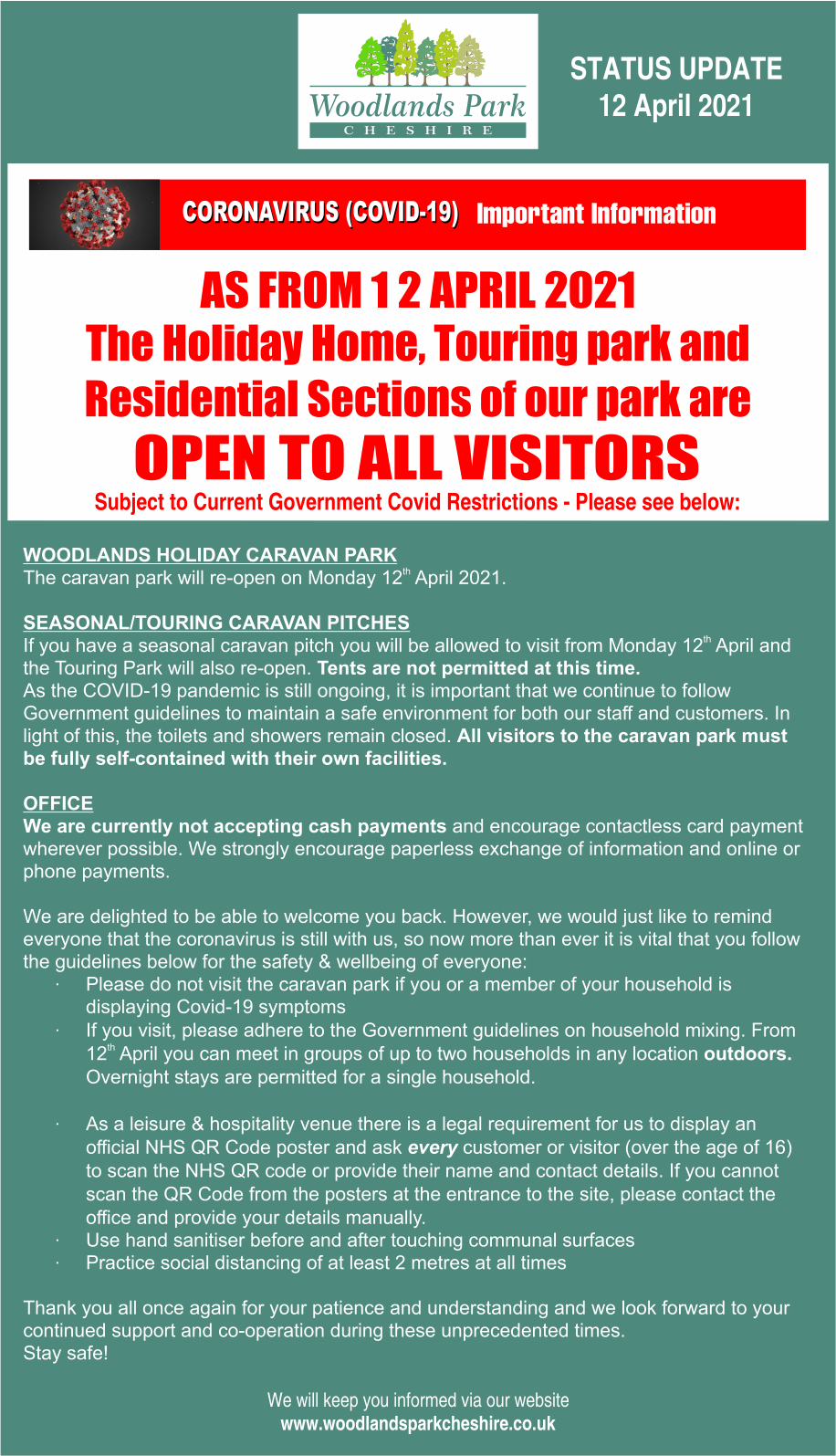 Woodlands PARK OPEN NOTICE 12 APRIL 2021